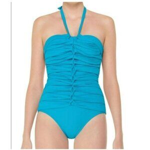 Spanx Braided Core Blue Ruched One-Piece Swimsuit Size 6 Halter Neck Turquoise